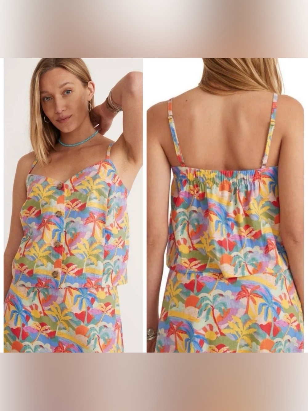 Marine Layer Floral Palm Print Spaghetti Strap Crop Tank Top